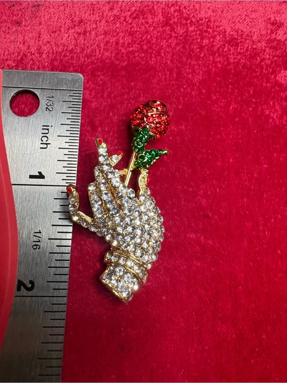 Brooch Crystal Lady Hand & Rose  - Rhinestone Gold Tone Red Green Accents Pin